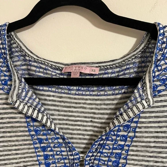 Calypso St Barth Etasa linen embroidered blue gray tunic top coverup poupette - Picture 5 of 7